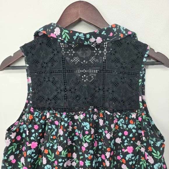 Kate Spade New York Top Black Floral Greenhouse Lace Yoke Tassels Boho Size L - Picture 7 of 12